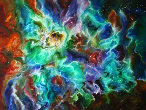 Painting of an astronomical nebula. Stars and multi-colored swirls of gas can be seen.